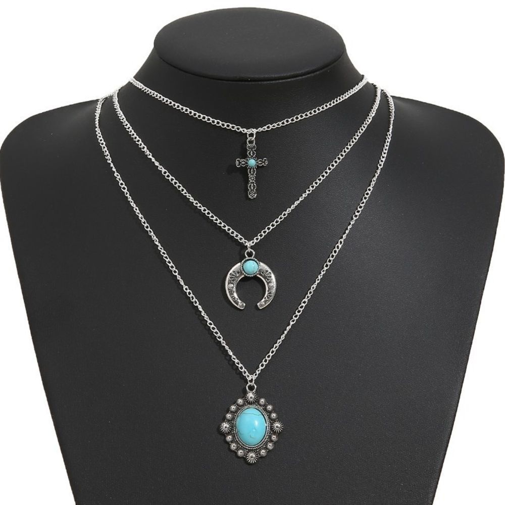 Silver Tone Turquoise 3-Layer Necklace Western Style Everyday Casual Gifts